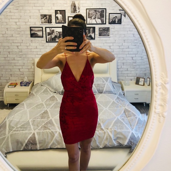 Red Velvet Plunging V-Neck Short Cami Dress - Picture 6 of 6